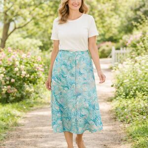 Christopher & Banks Petite 12P Aqua Blue Abstract Button Front Midi Skirt #5